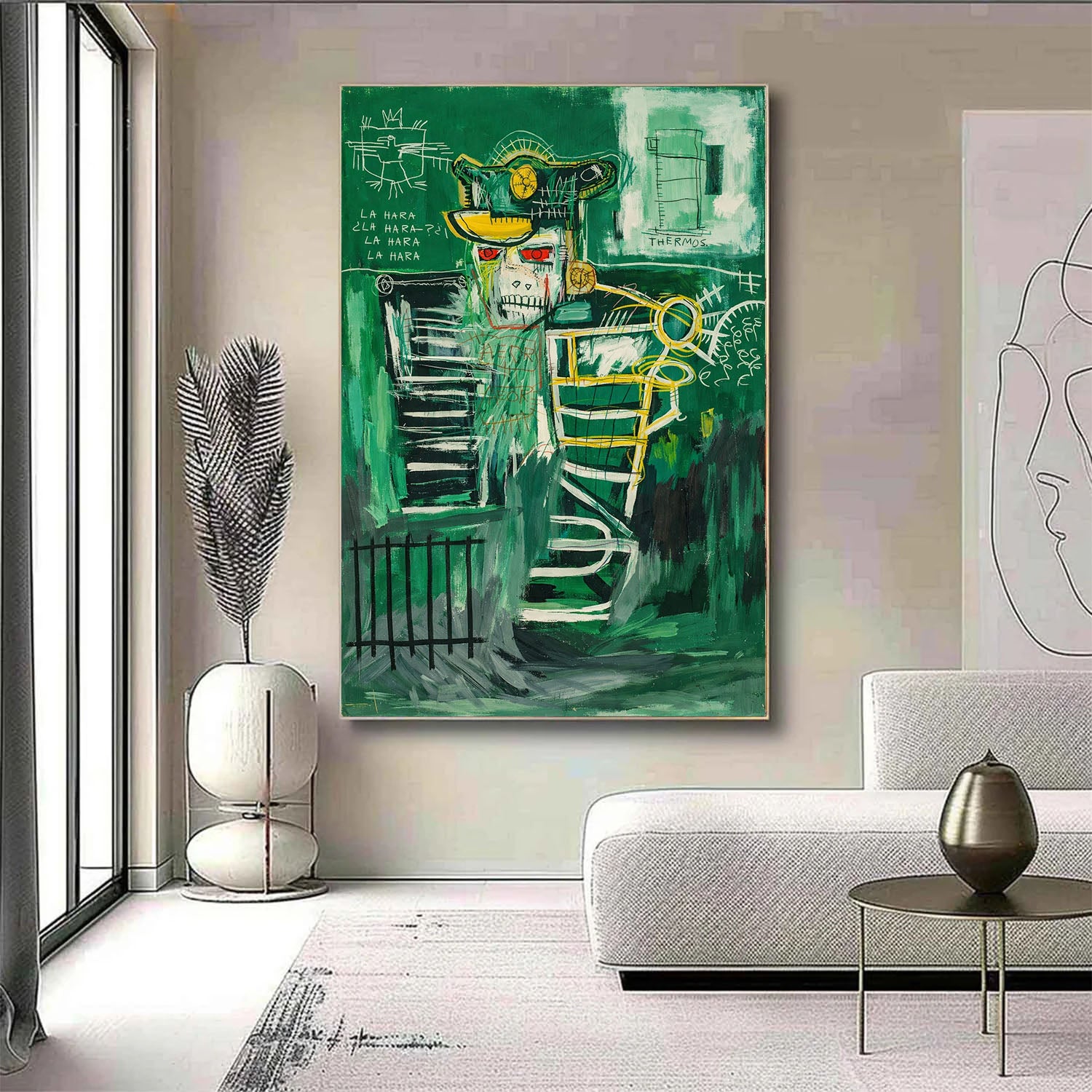 Modern living room with abstract green painting on the wall