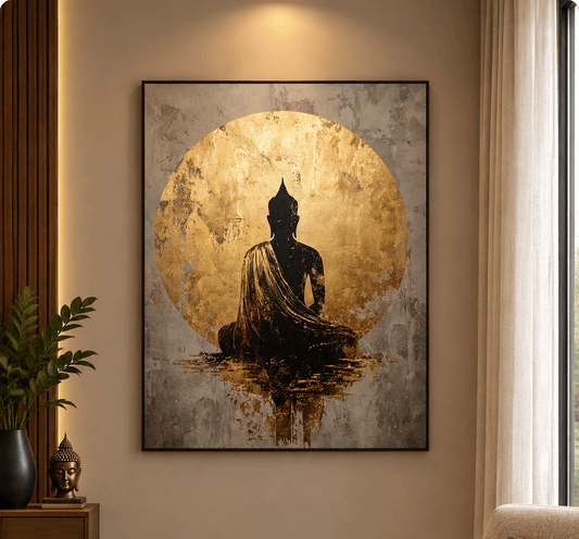 Golden Buddha Wall Art – Black Silhouette Meditation Painting