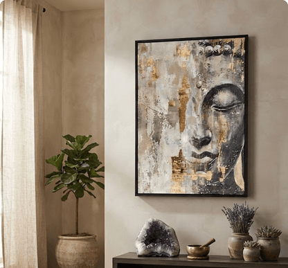 Beige Buddha Face Wall Art – Hand-Painted Gold Leaf Canvas