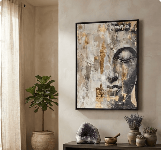 Beige Buddha Face Wall Art – Hand-Painted Gold Leaf Canvas