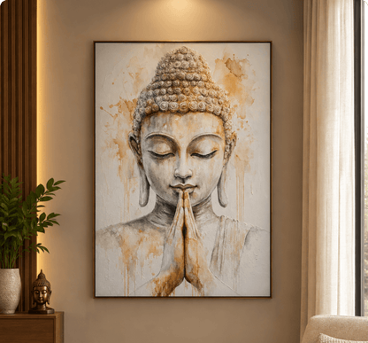 Buddha Namaste Wall Art – Hand-Painted Grey & Gold Canvas