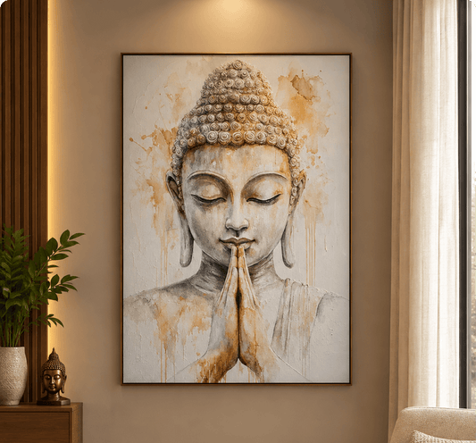 Buddha Namaste Wall Art – Hand-Painted Grey & Gold Canvas