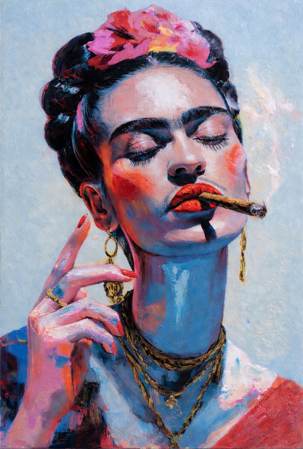Colorful painting of a Frida Kahlo with a flower in her hair and a cigar, set against a light blue background.