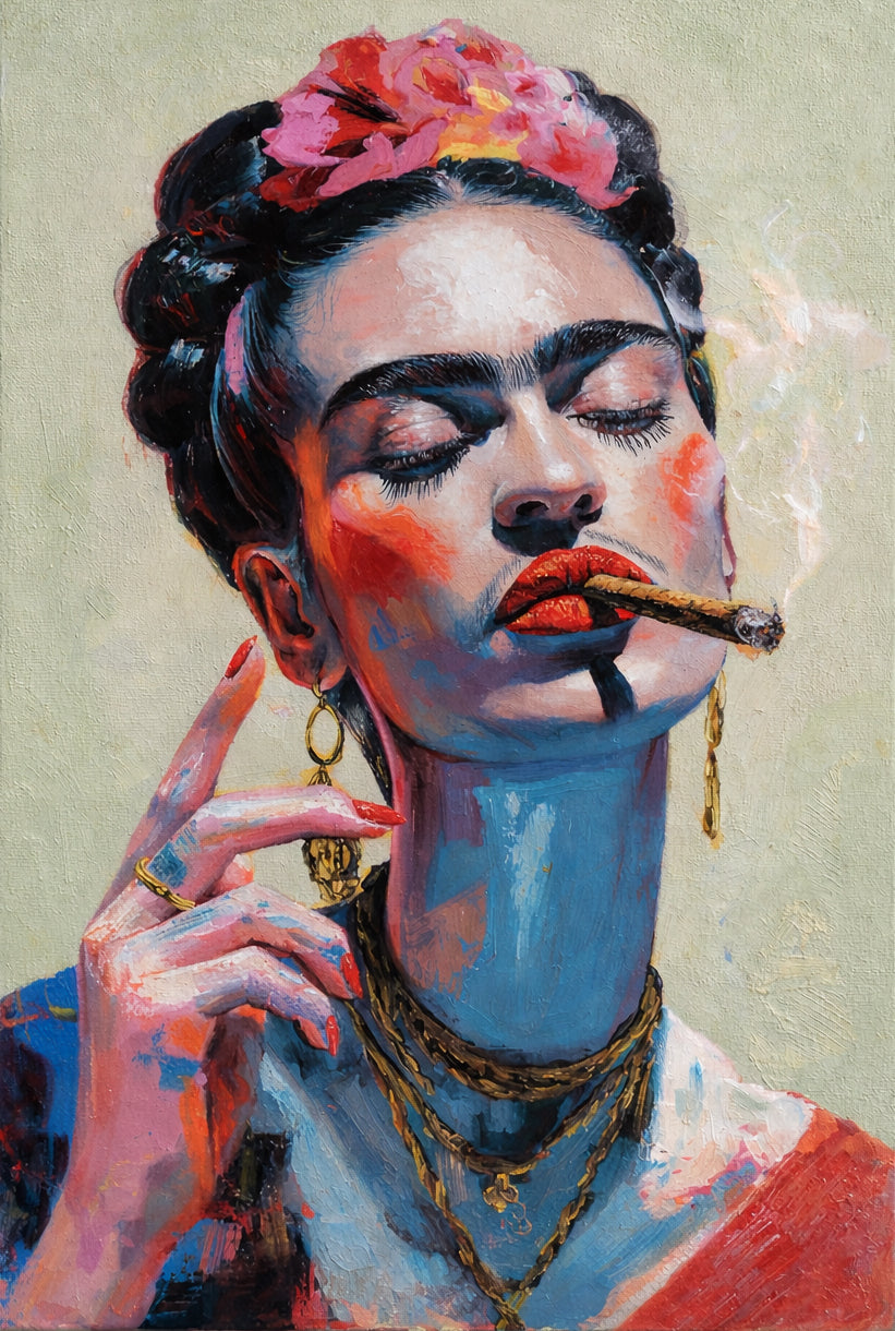 Frida Kahlo Smoking Portrait – Hand-Painted Neon Cobalt Pop Art Canvas