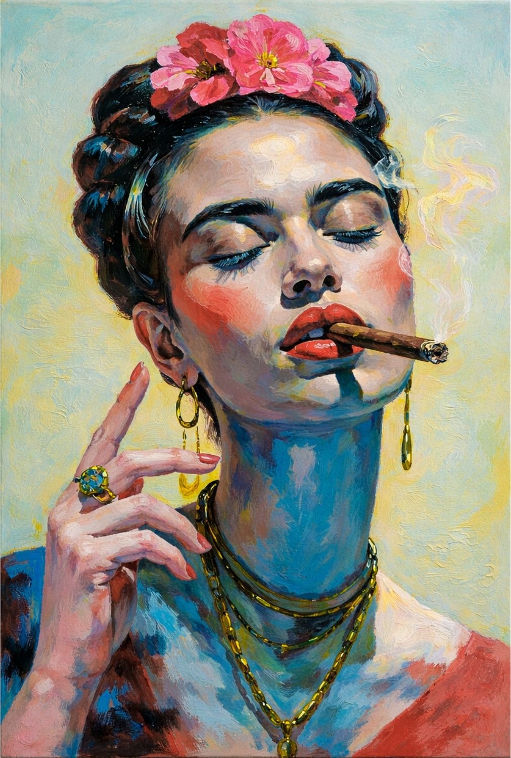 Artistic depiction of a woman with flowers in her hair, smoking a cigar.