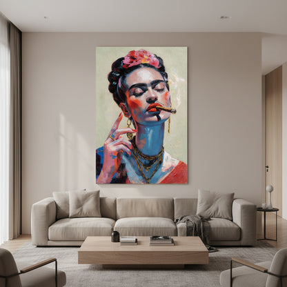 Frida Kahlo Smoking Portrait Salvia Green Artistic depiction of a woman with a flower in her hair and a cigar, wearing jewellery.