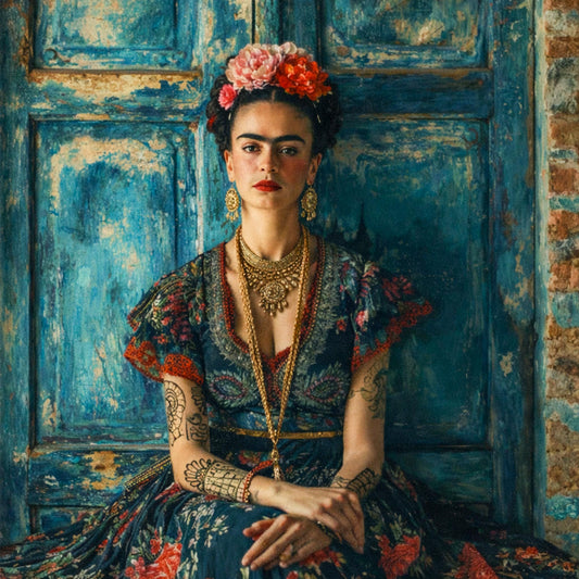Woman in a colorful dress with floral headpiece against a blue door.