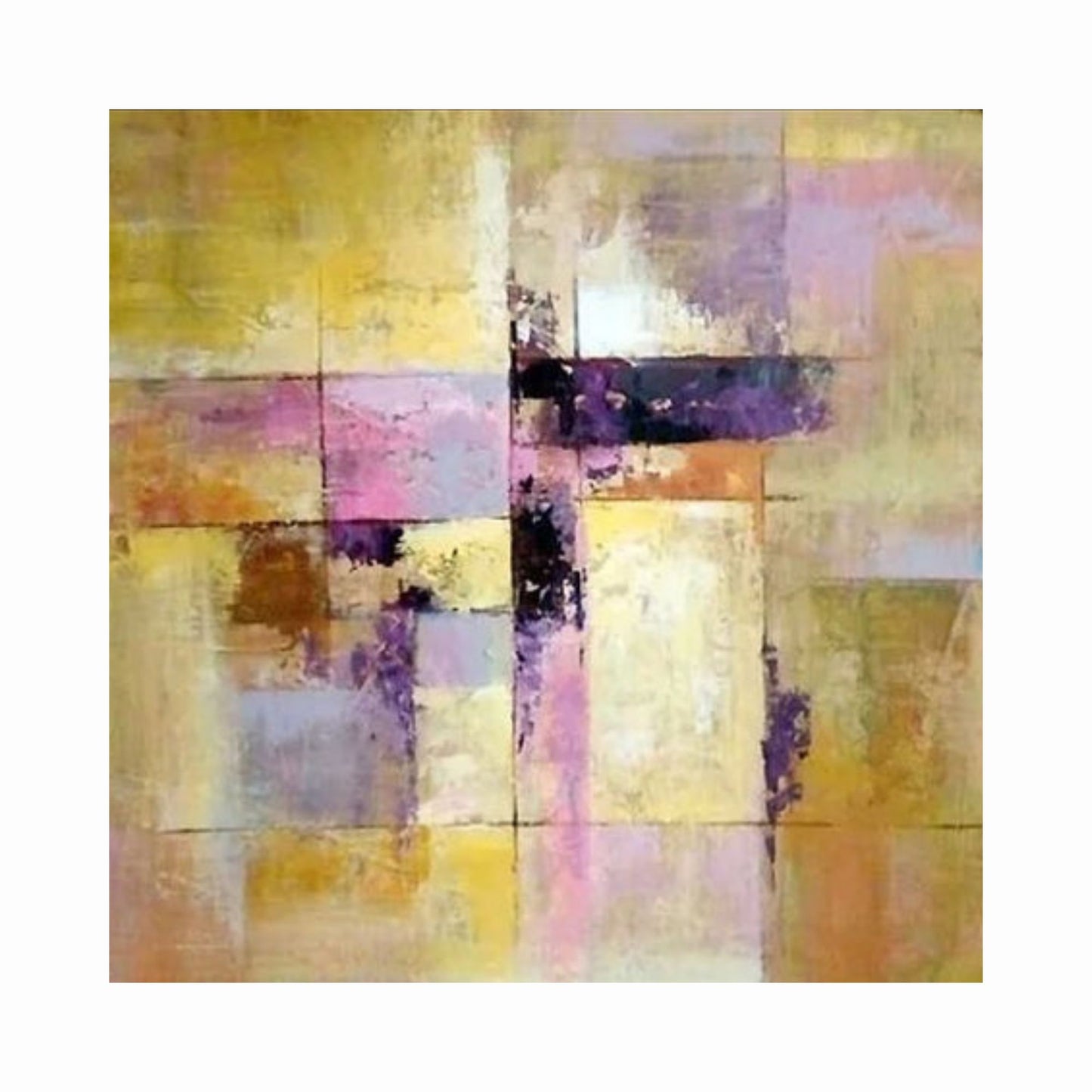 Abstract art with geometric shapes in purple, pink, yellow, and black on a white background