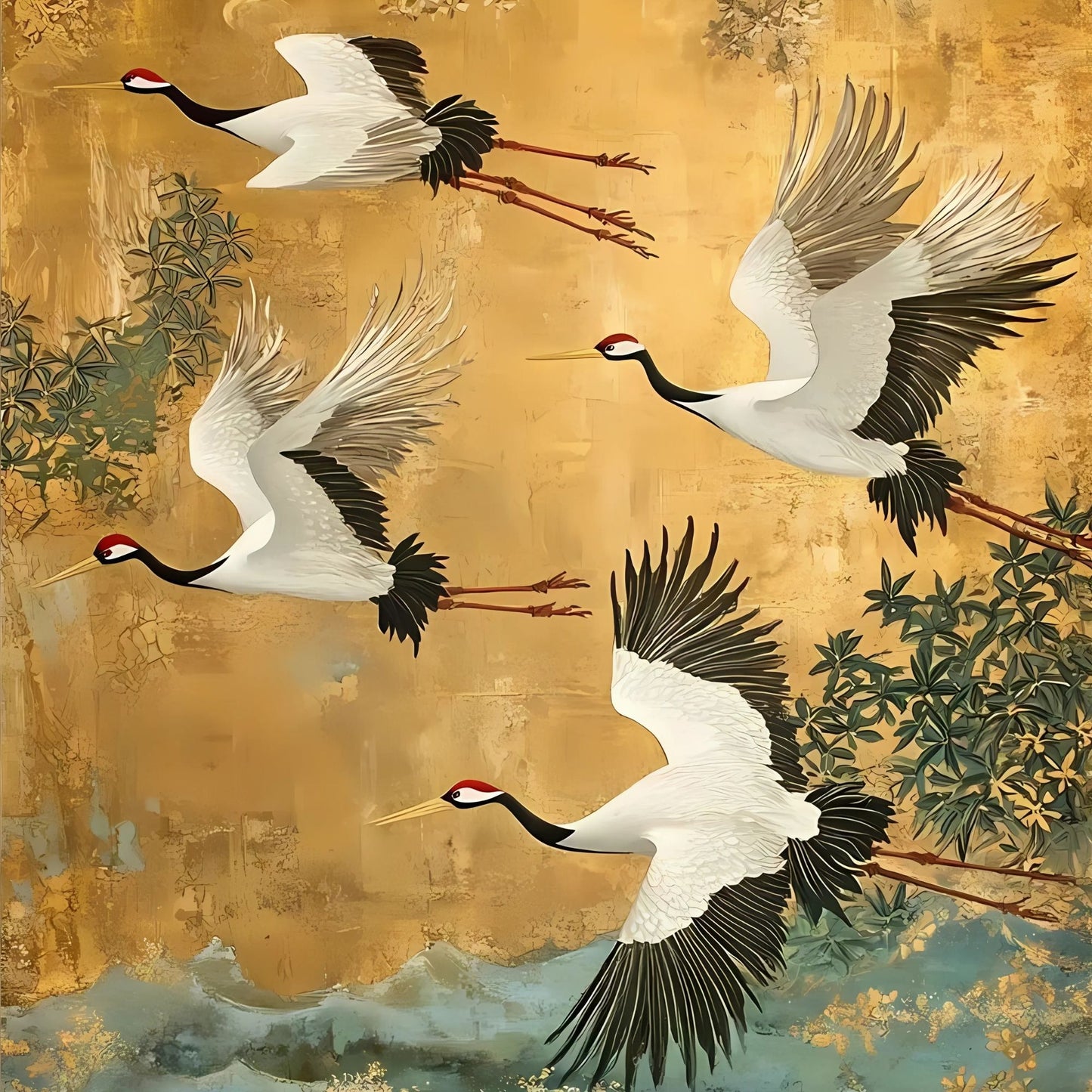 Traditional-style painting of cranes in flight with a gold and green background