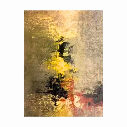 Abstract art with gold, black, and red colors on a textured background