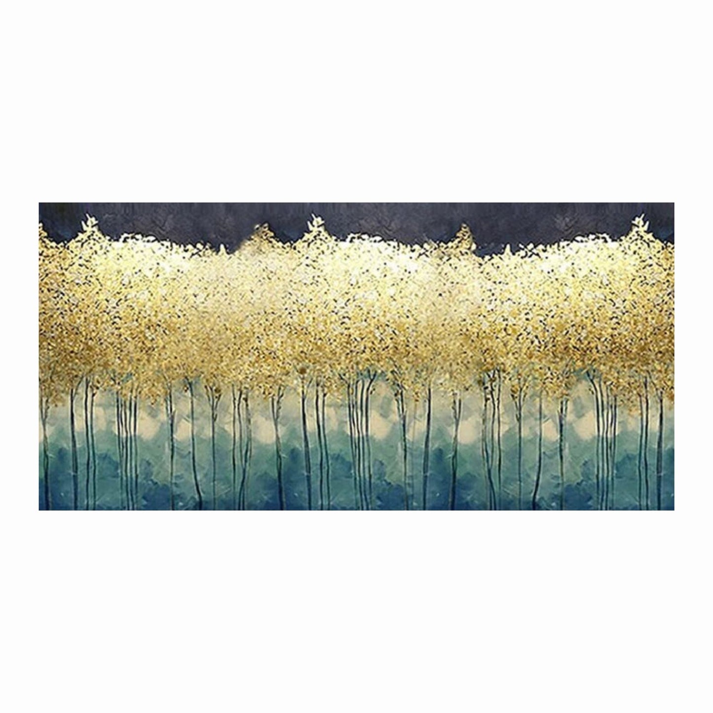 Artistic depiction of trees with gold leaves against a blue sky