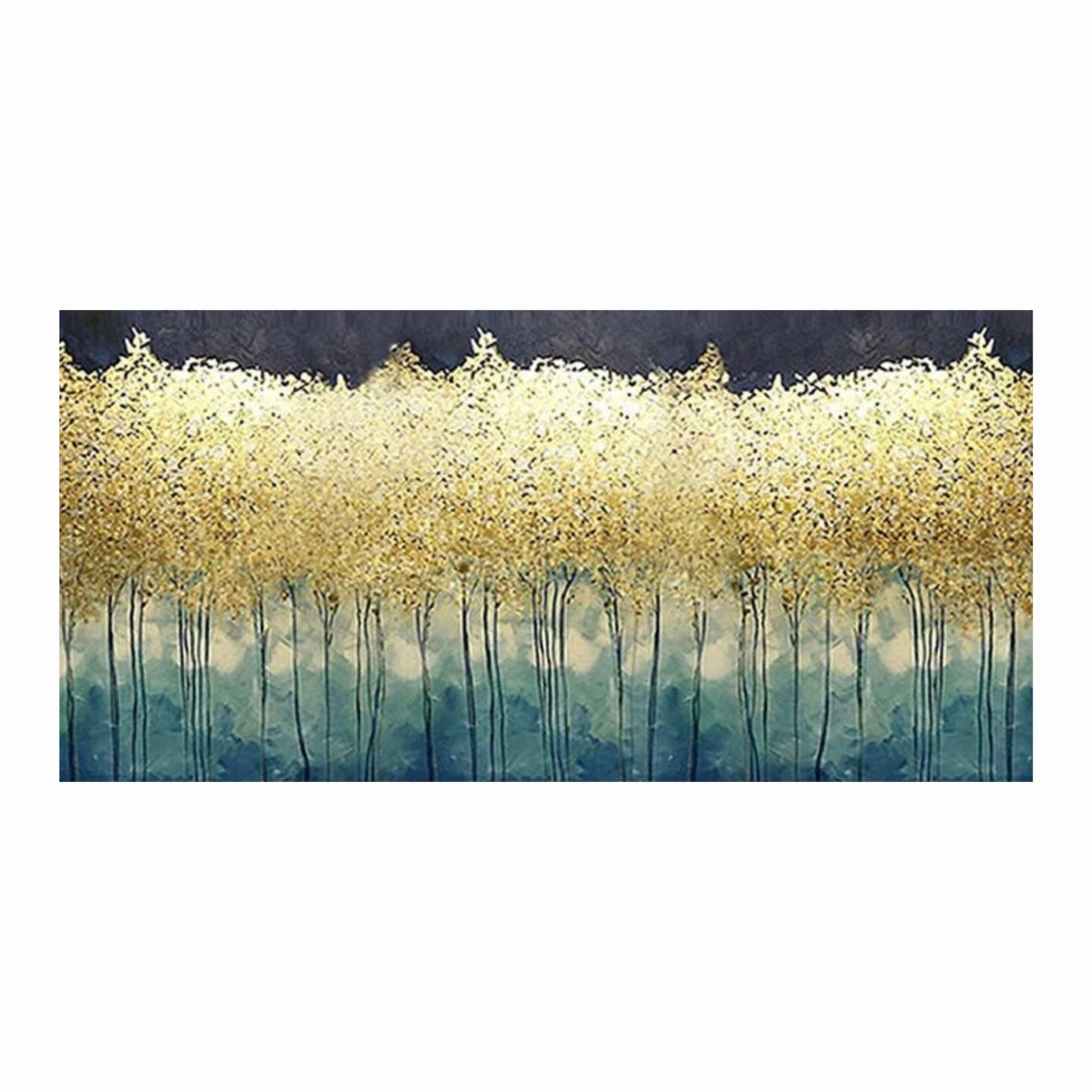 Artistic depiction of trees with gold leaves against a blue sky