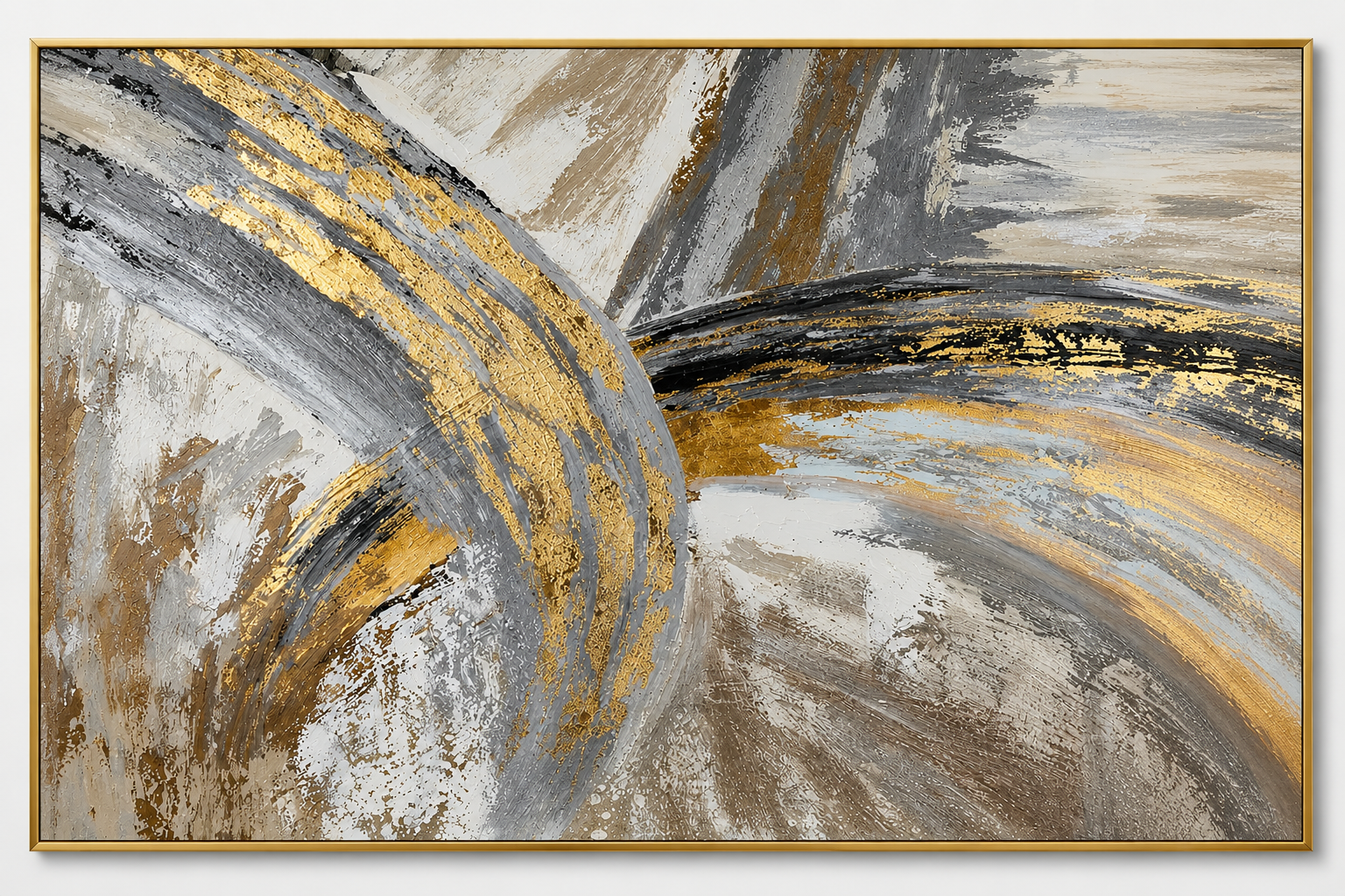 Abstract art painting with gold and gray colors on a white wall
