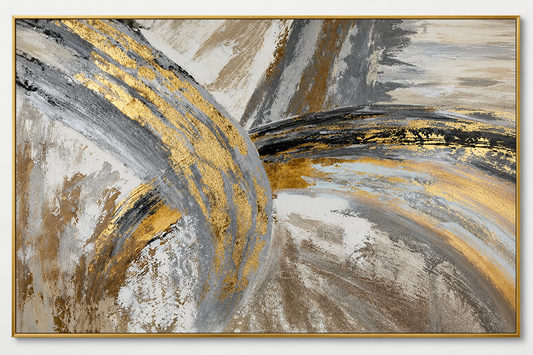 Abstract art painting with gold and gray colors on a white wall