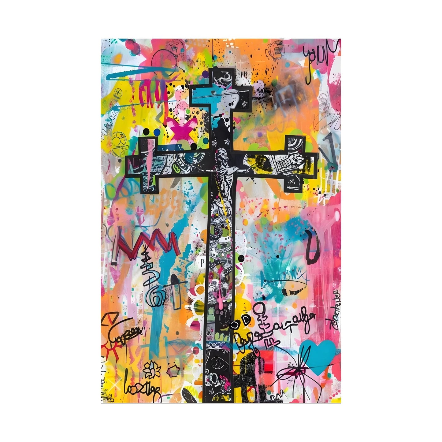 Colorful abstract painting with a central cross on a white background