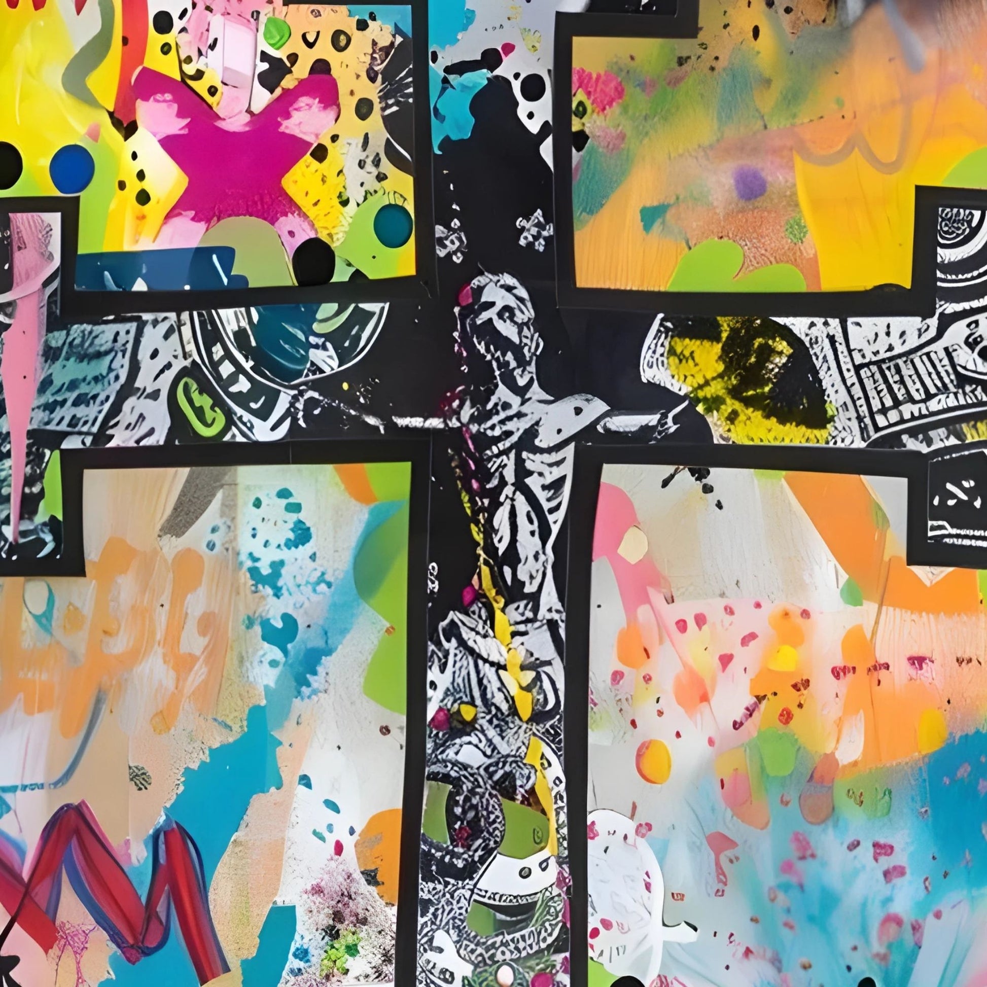 Collage of colorful abstract artworks with a central black and white figure.