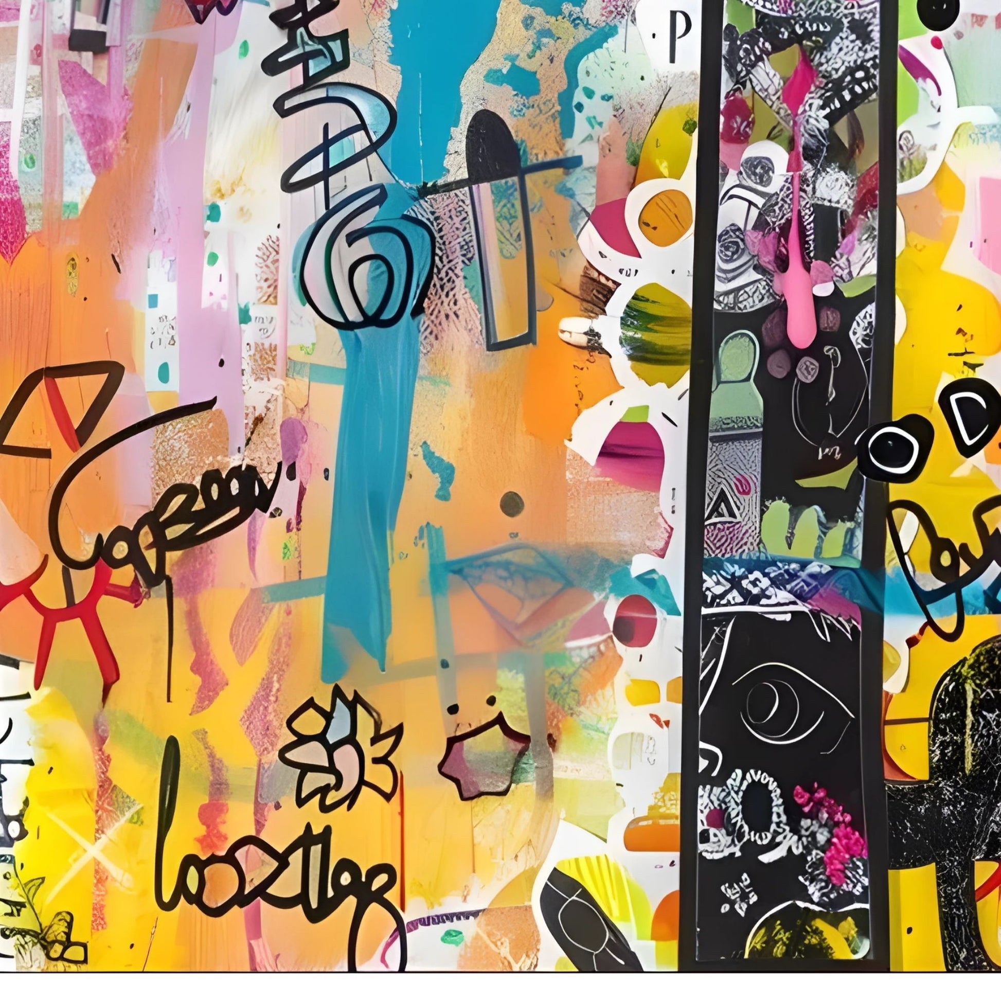 Colorful abstract art with various shapes and text on a multicolored background