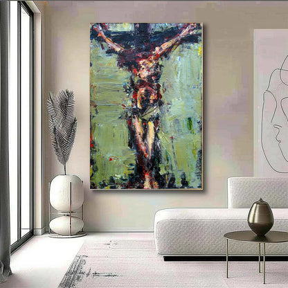 Abstract painting of a crucifixion scene in a modern living room.