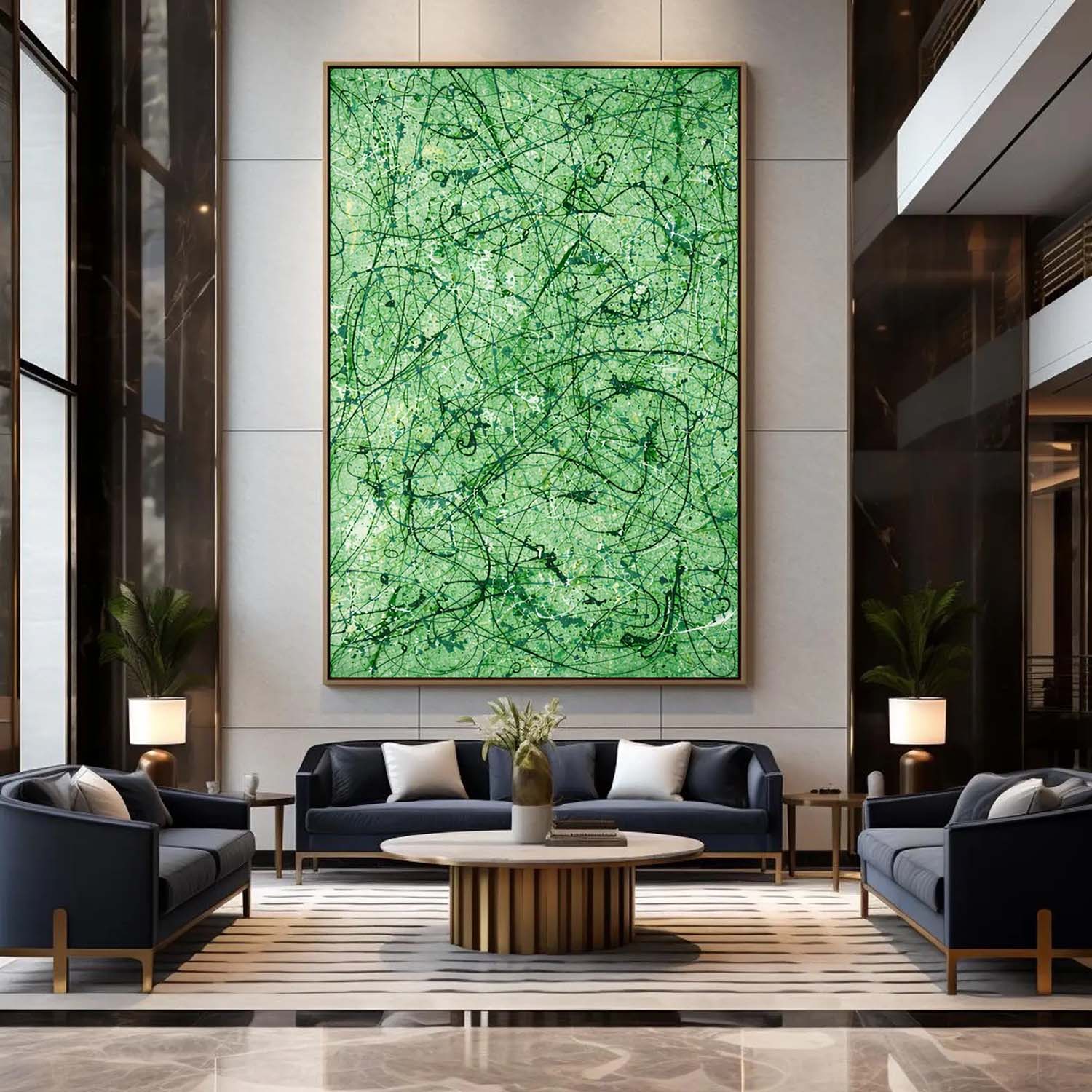 Modern living room with a large green abstract painting on the wall.
