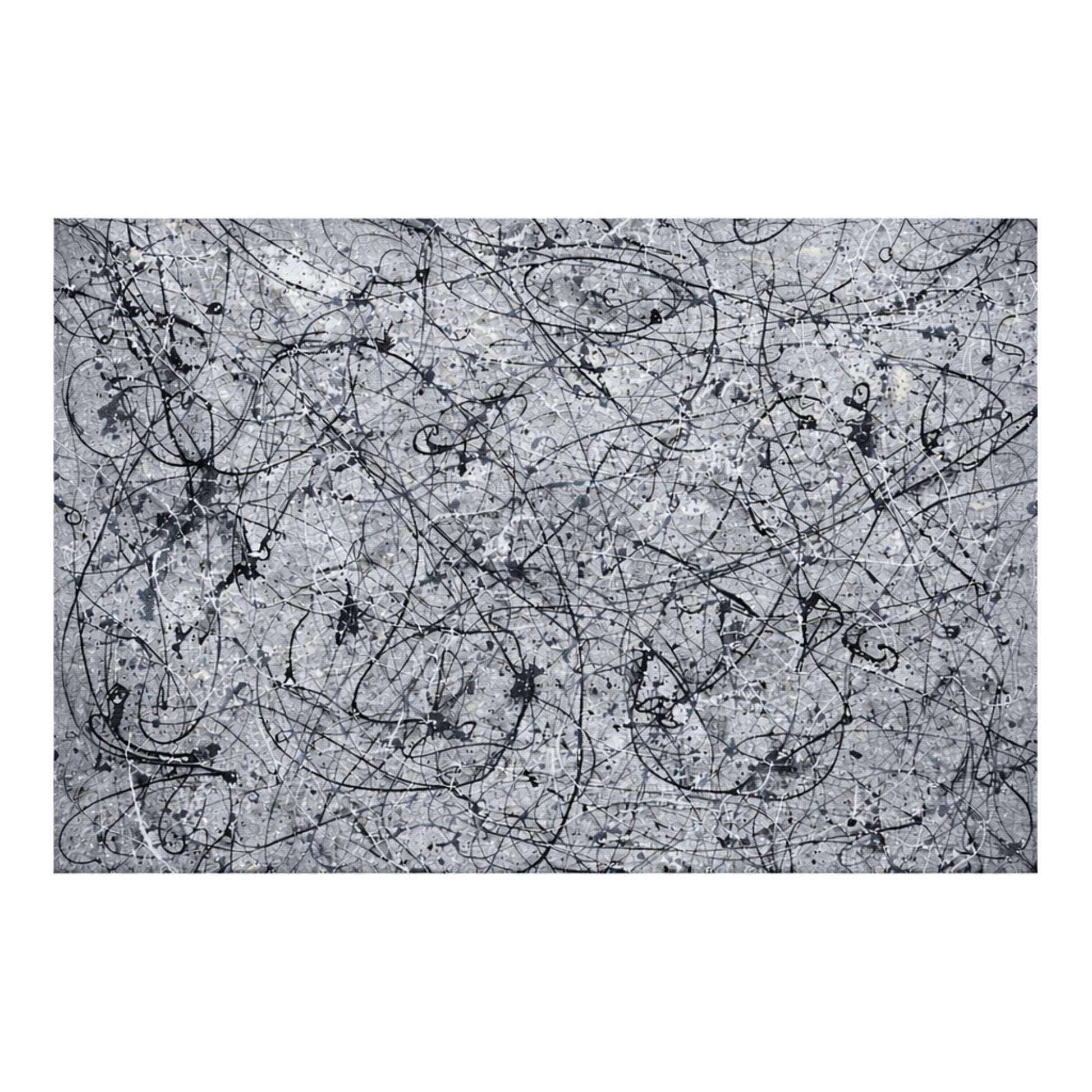 Abstract black and white pattern on a textured gray background