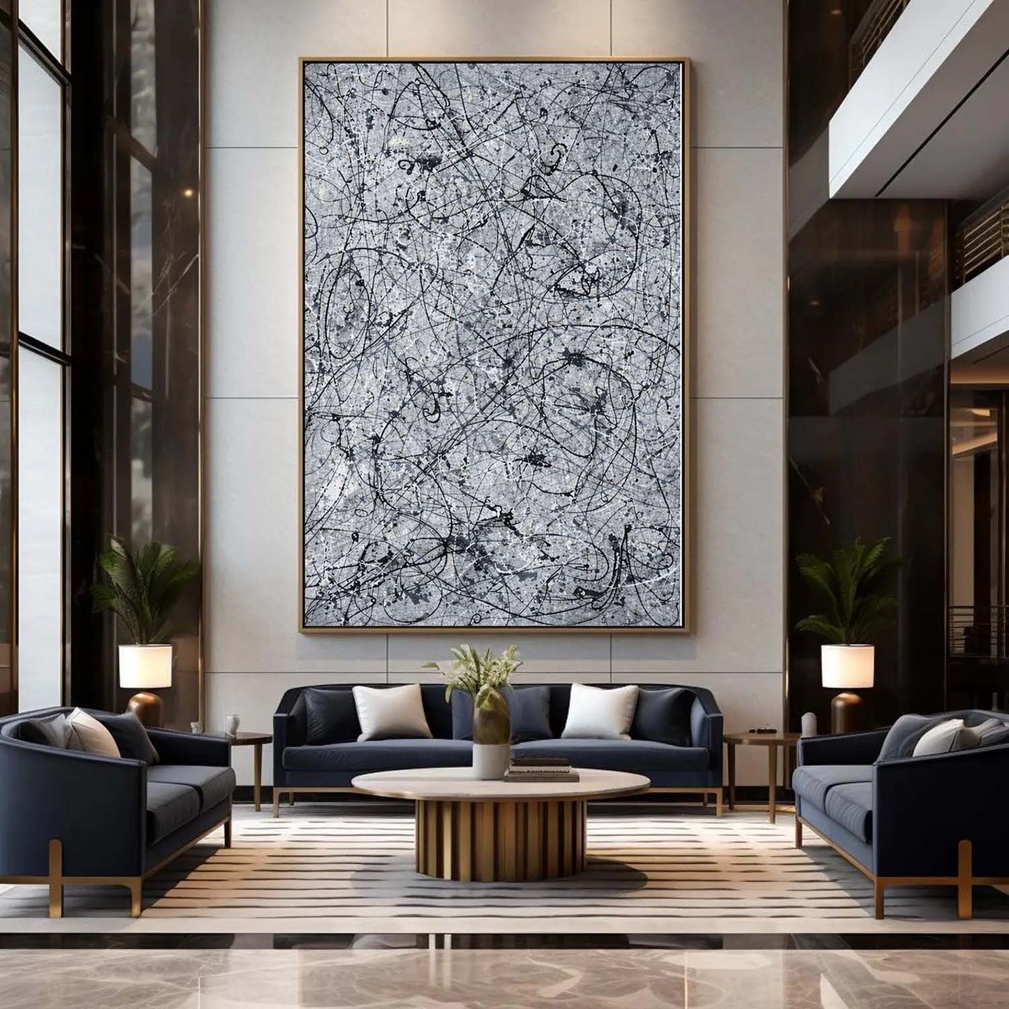 Modern living room with abstract art on the wall