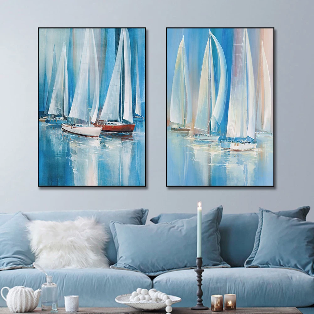 Set of 2 Blue Sailing Boats Textured Seascape Painting