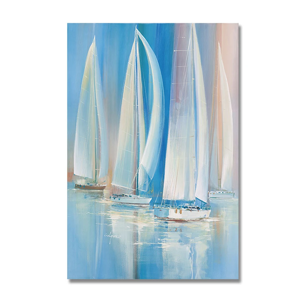 Set of 2 Blue Sailing Boats Textured Seascape Painting