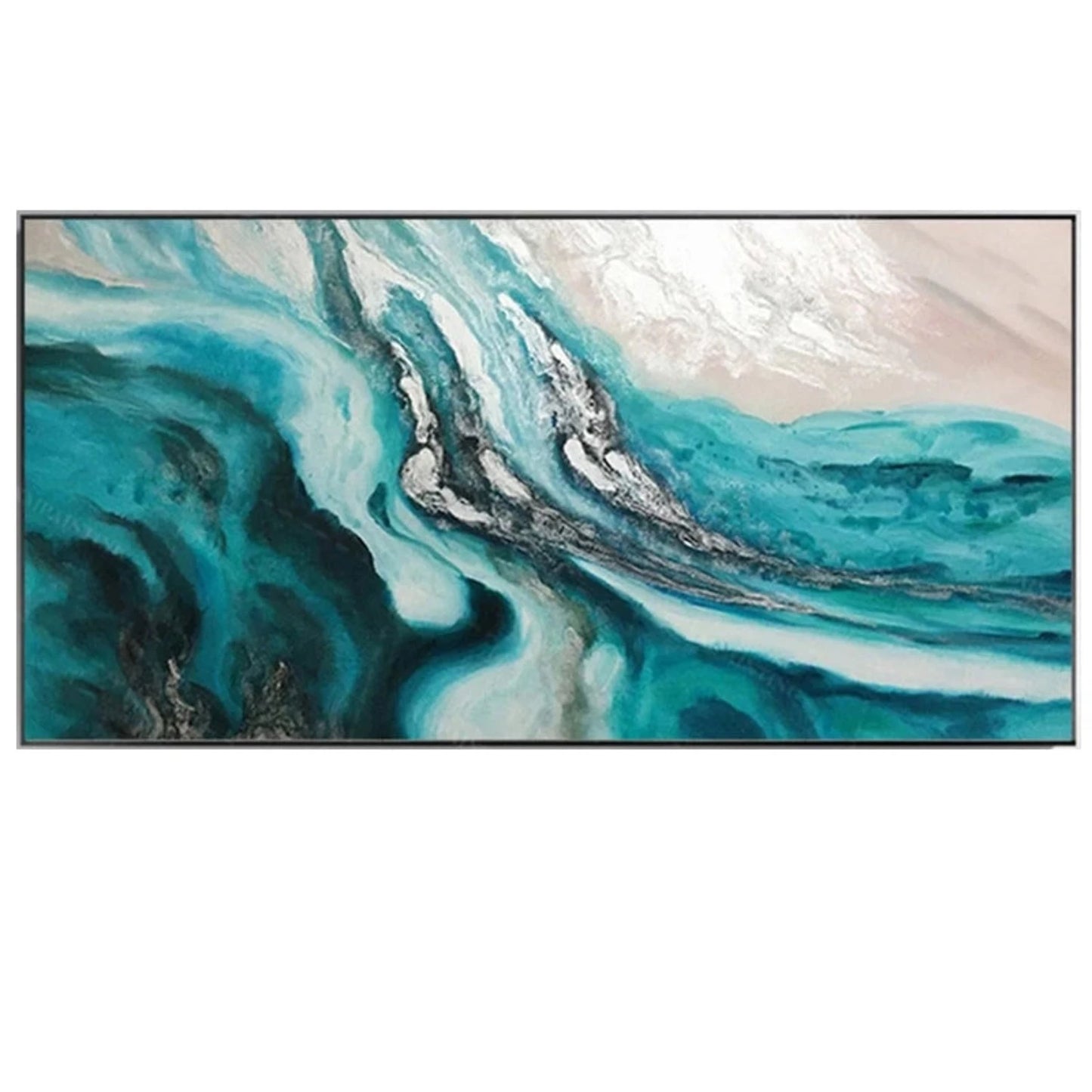 Original Green Silver Waves Abstract Fluid Artwork