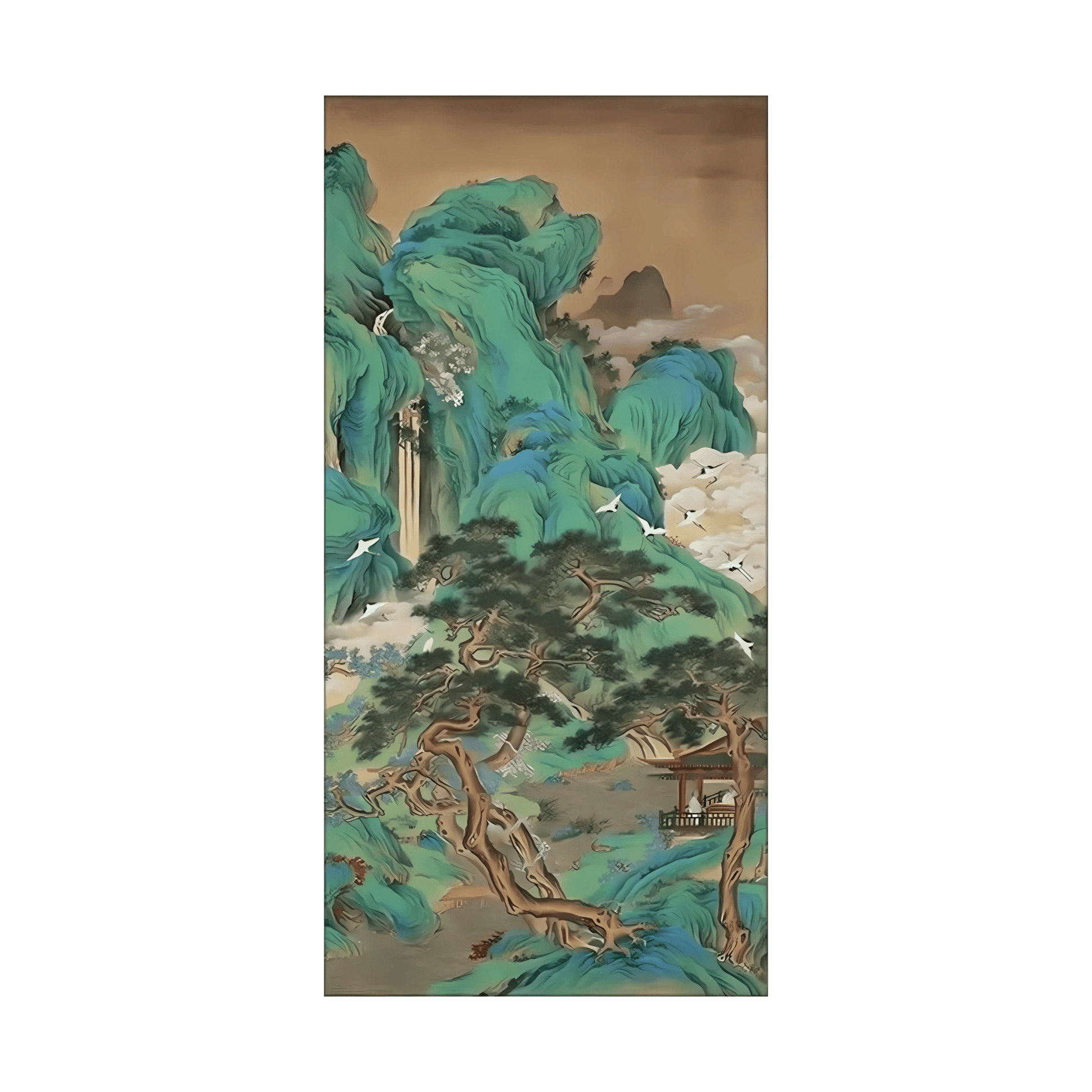 Traditional Chinese landscape painting with mountains, trees, and a building.