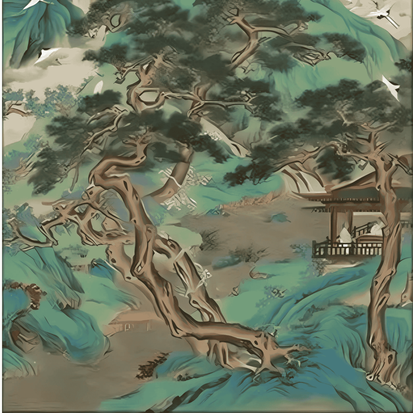 Traditional Chinese landscape painting with trees, mountains, and a pavilion.
