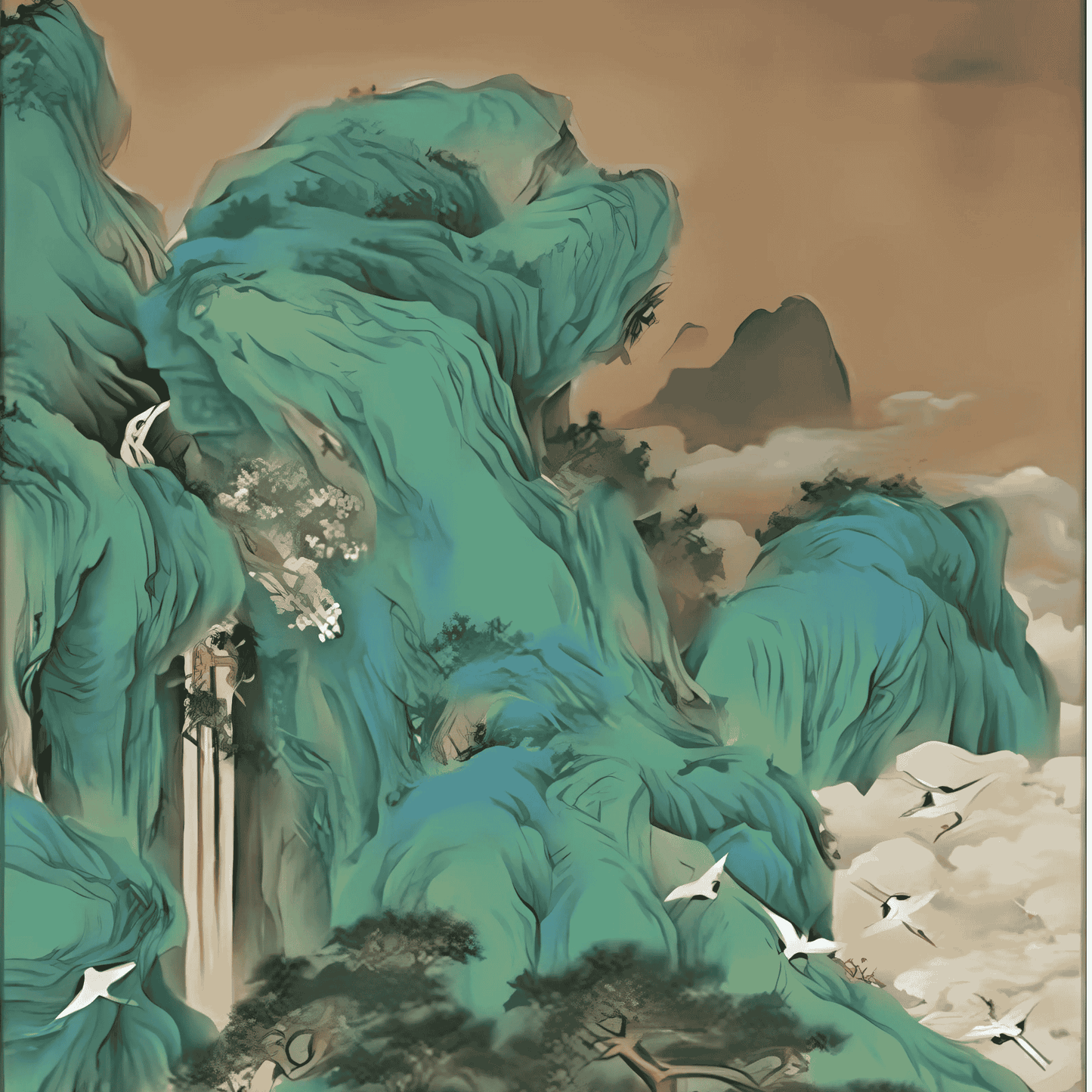 Traditional Chinese landscape painting with mountains and birds