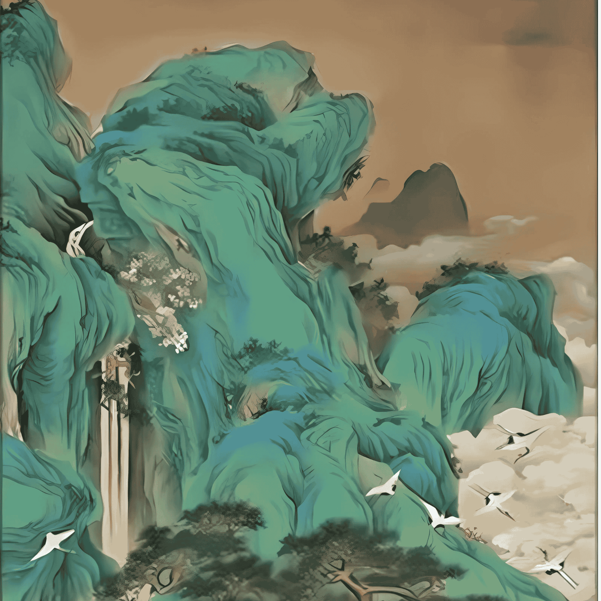 Traditional Chinese landscape painting with mountains and birds