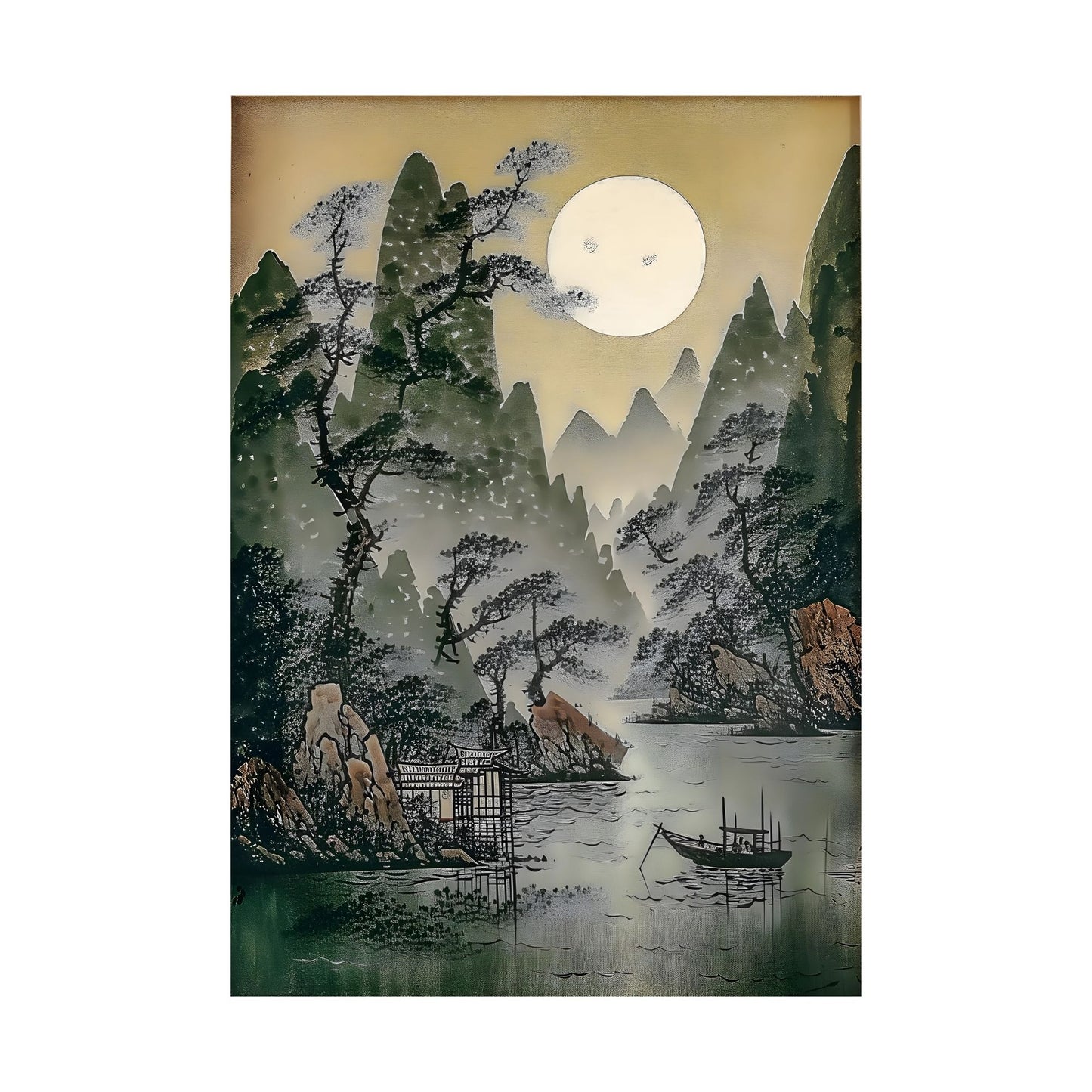 Traditional Chinese landscape painting with mountains, trees, and a boat under a full moon.
