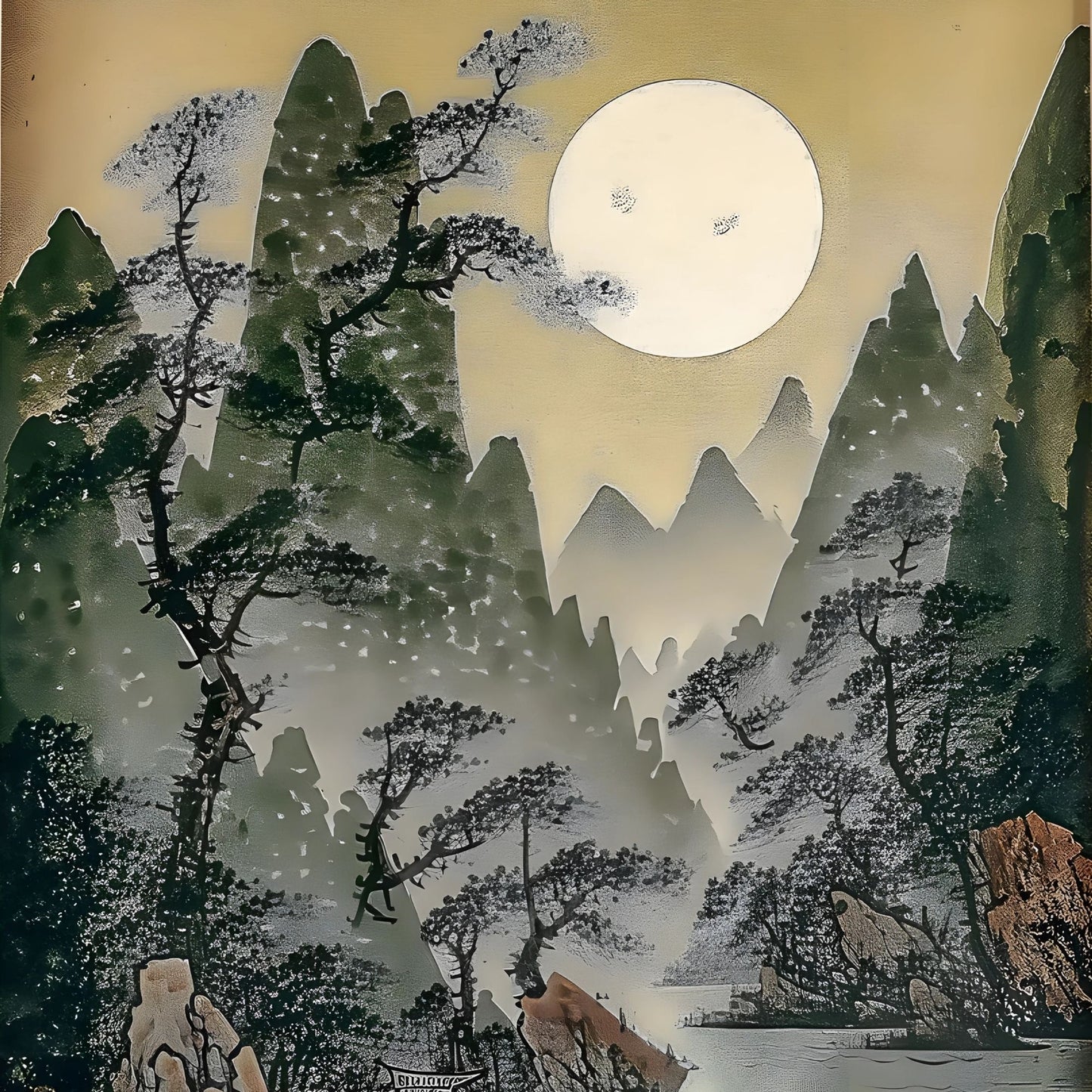 Traditional Japanese landscape painting of mountains, trees, and a full moon.