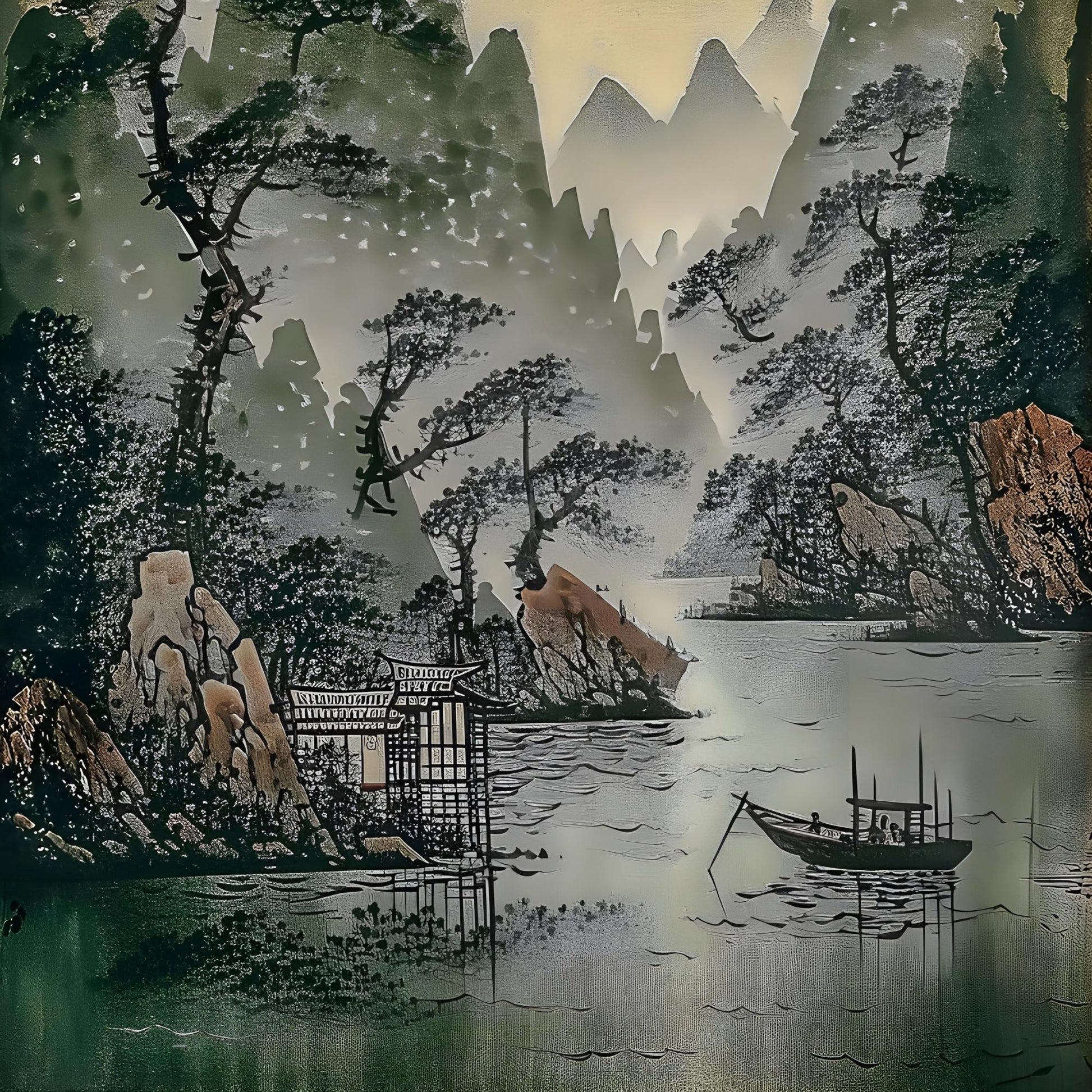 Traditional Chinese landscape painting with mountains, trees, and a boat on water.