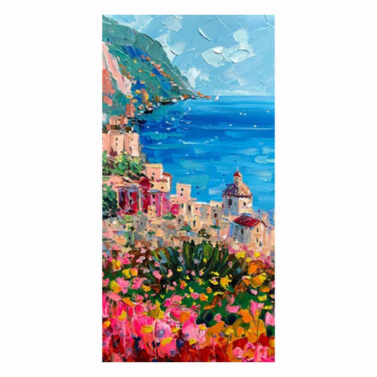 Colorful painting of a coastal town with flowers and blue sky