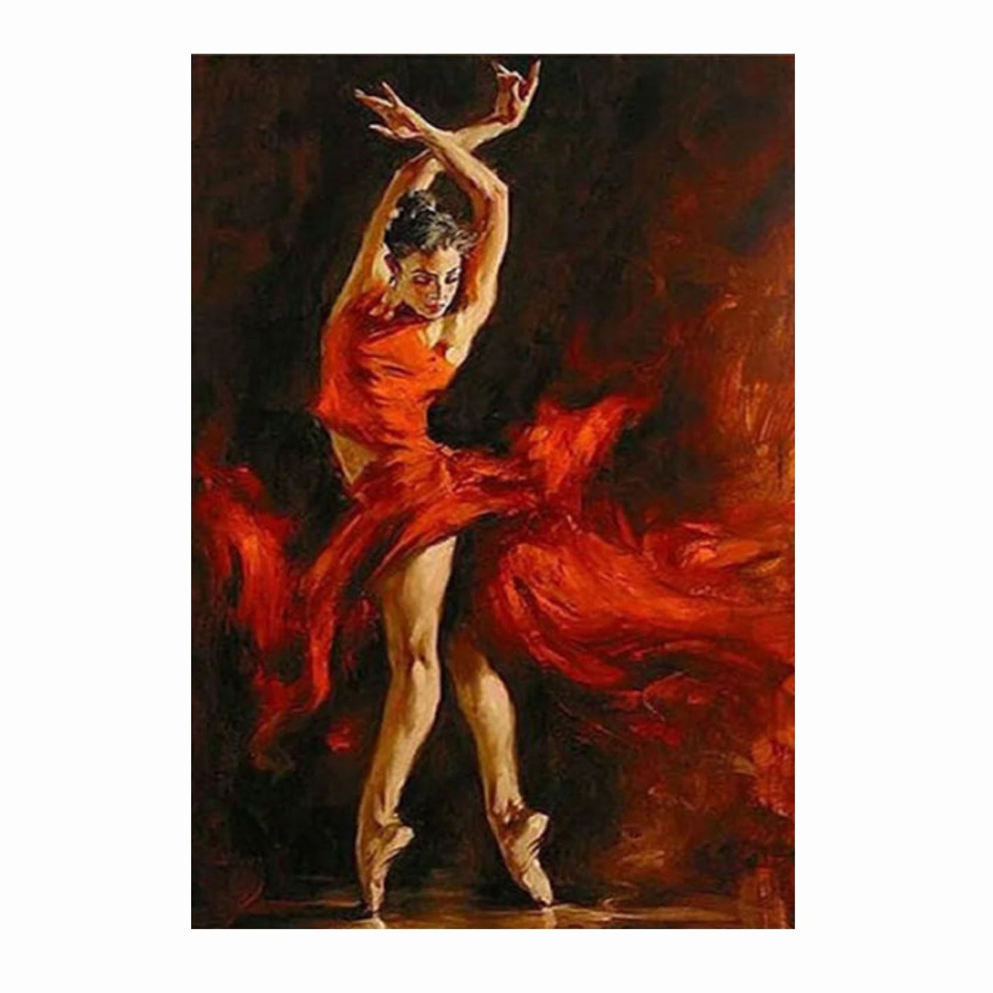 Painting of a dancer in a red dress with flowing fabric on a dark background