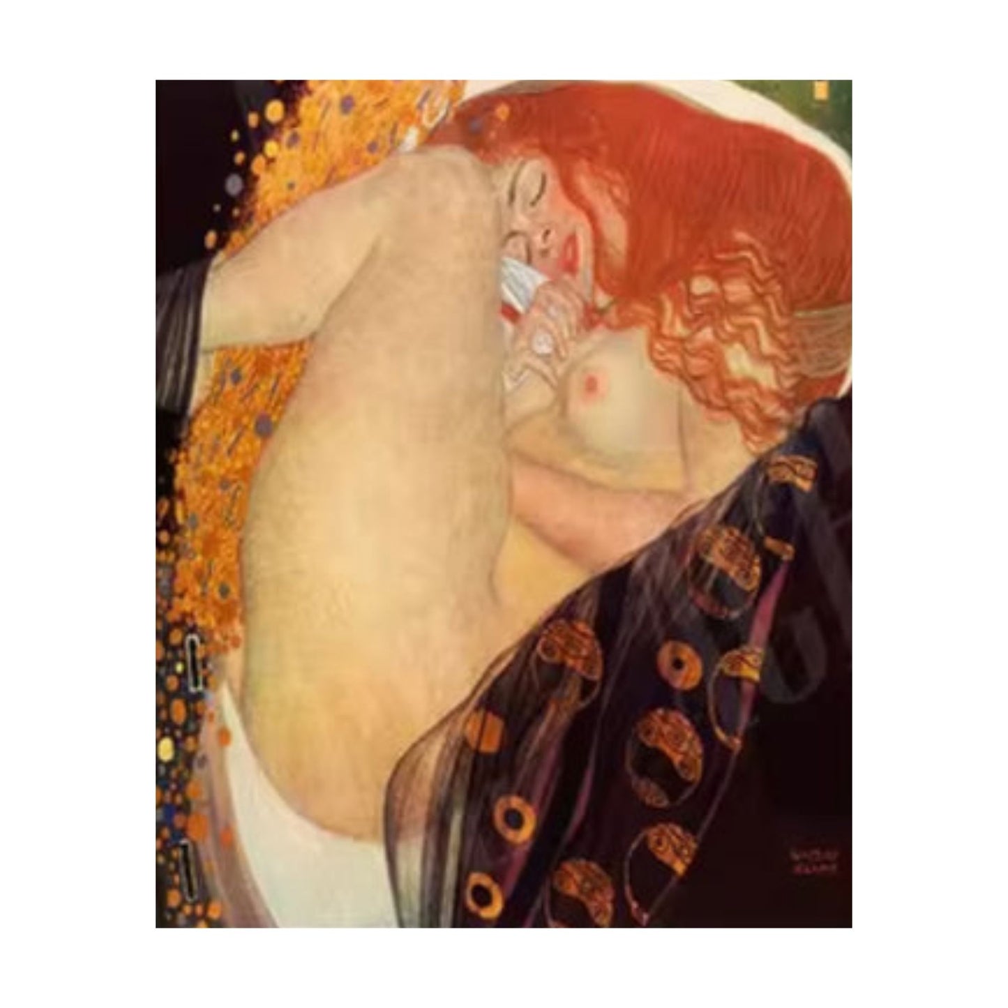 Radiant Embrace of Golden Affection – Gustav Klimt-inspired hand-painted oil canvas showing two figures in a golden embrace with warm orange tones.