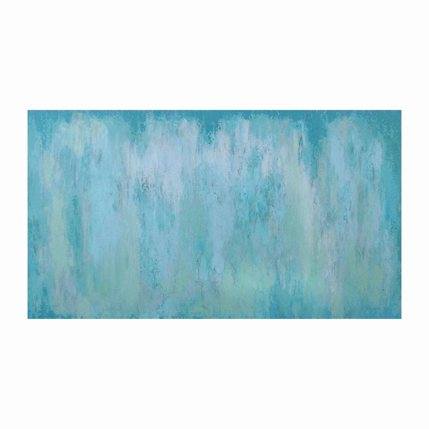 Abstract artwork with blue and green hues on a white background