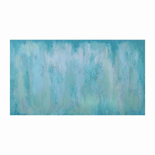 Abstract artwork with blue and green hues on a white background