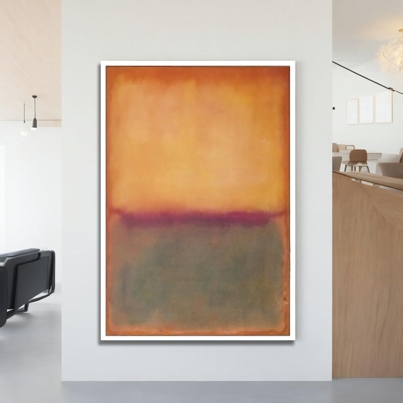 Abstract art piece with orange and purple gradient on a white wall in a modern interior setting.