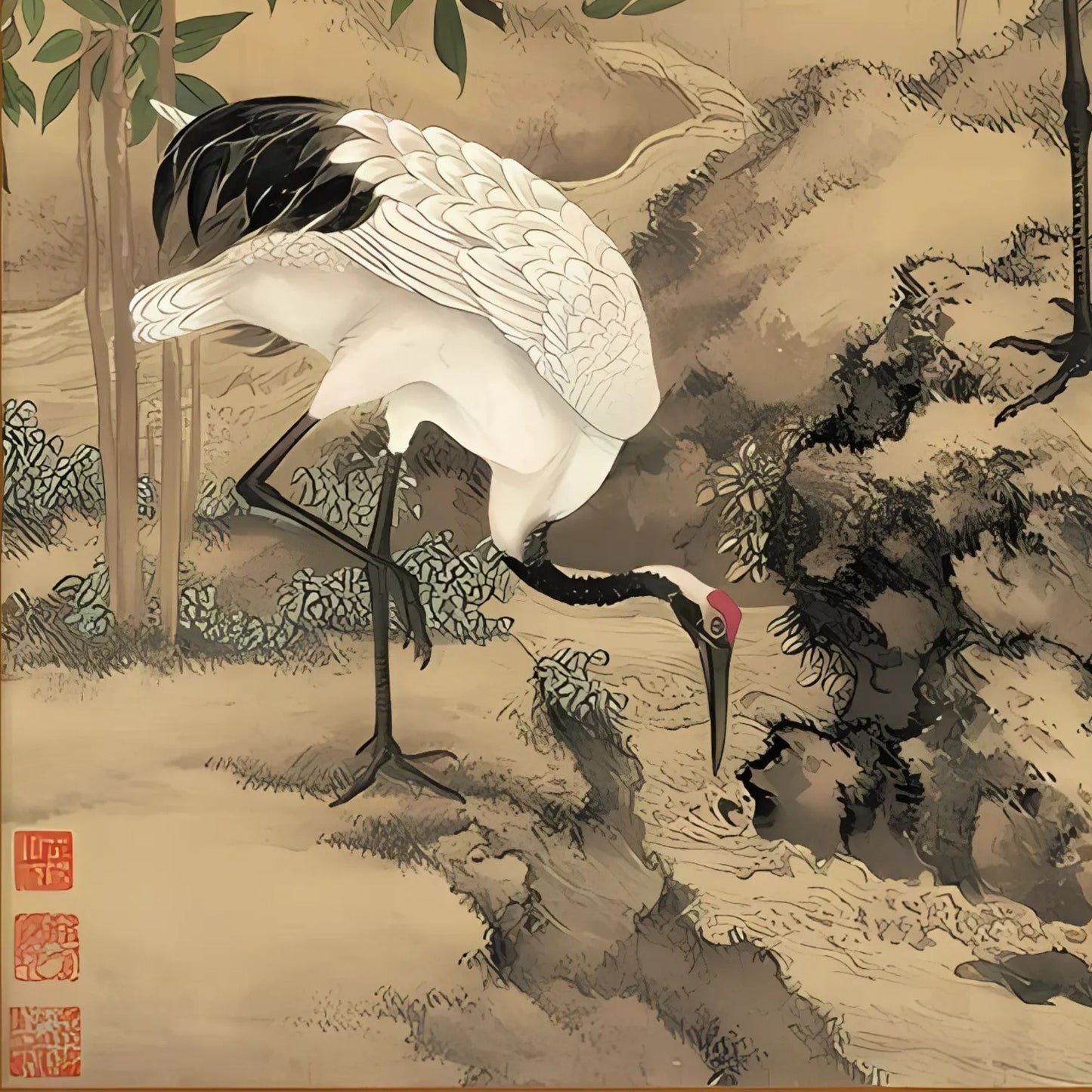 Traditional Chinese painting of a crane in a natural setting