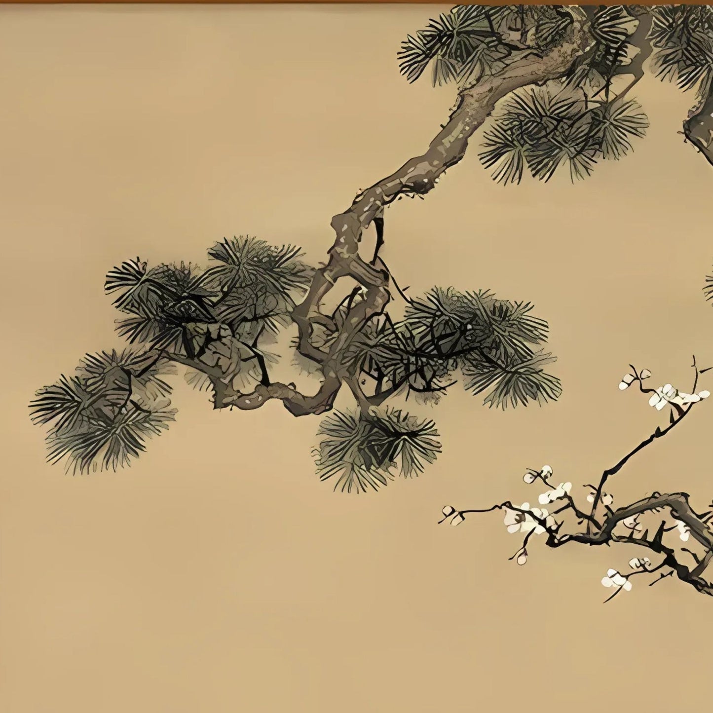 Traditional Chinese ink painting of a pine branch with white flowers on a beige background