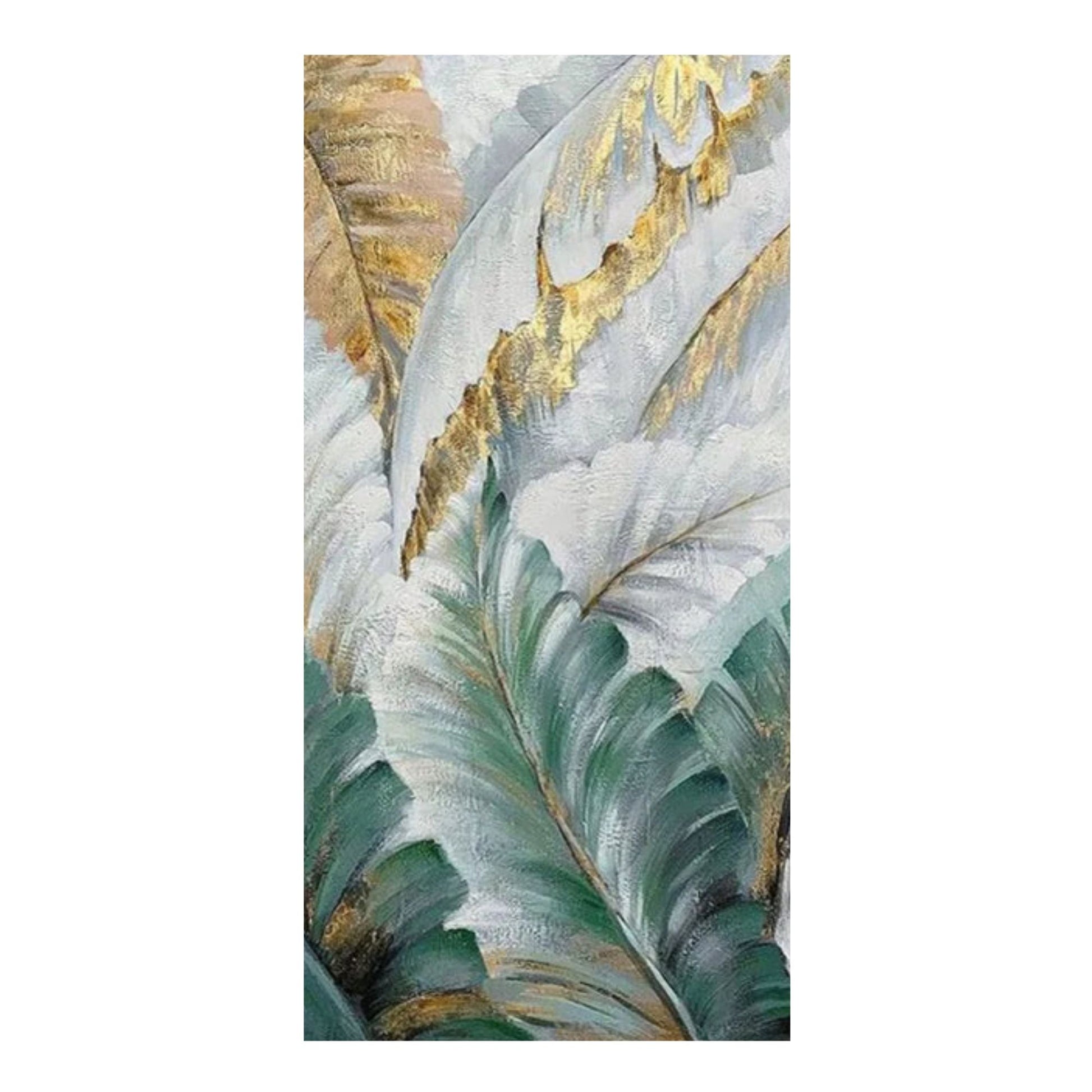 Hand-painted tropical leaf abstract art with gold and green tones on canvas titled Golden Botanical Serenity