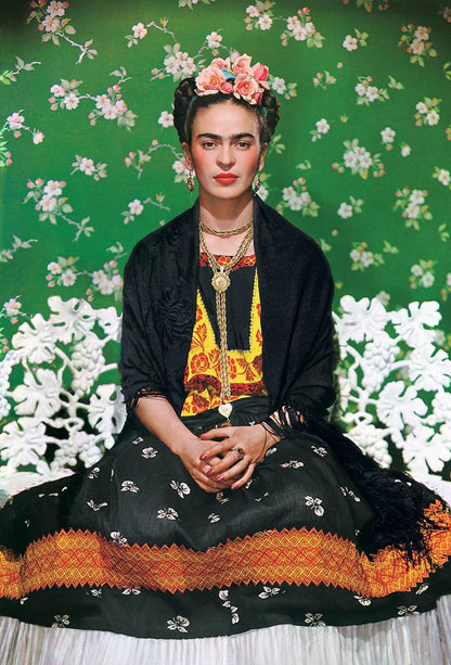 Frida Kahlo Floral Portrait – Hand-Painted Iconic Mexican Canvas with Green Background