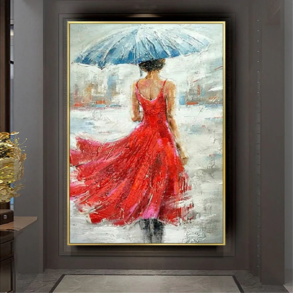 Red Skirt Woman in Rain Textured Home Decor Painting