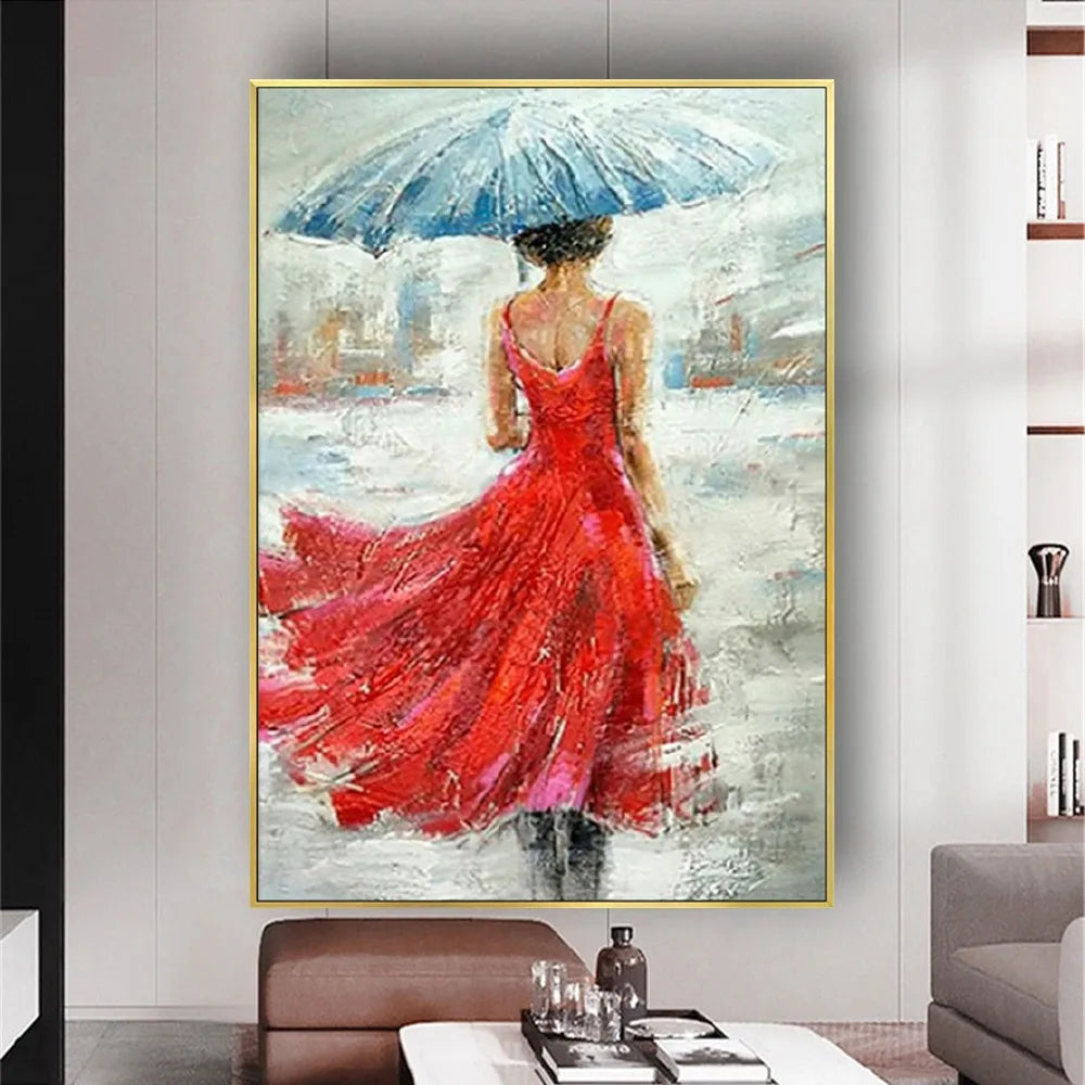 Red Skirt Woman in Rain Textured Home Decor Painting