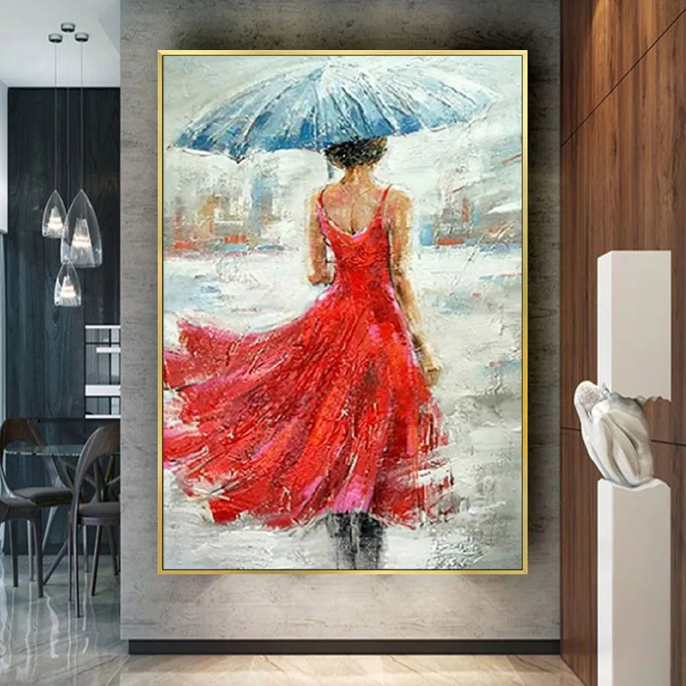 Red Skirt Woman in Rain Textured Home Decor Painting