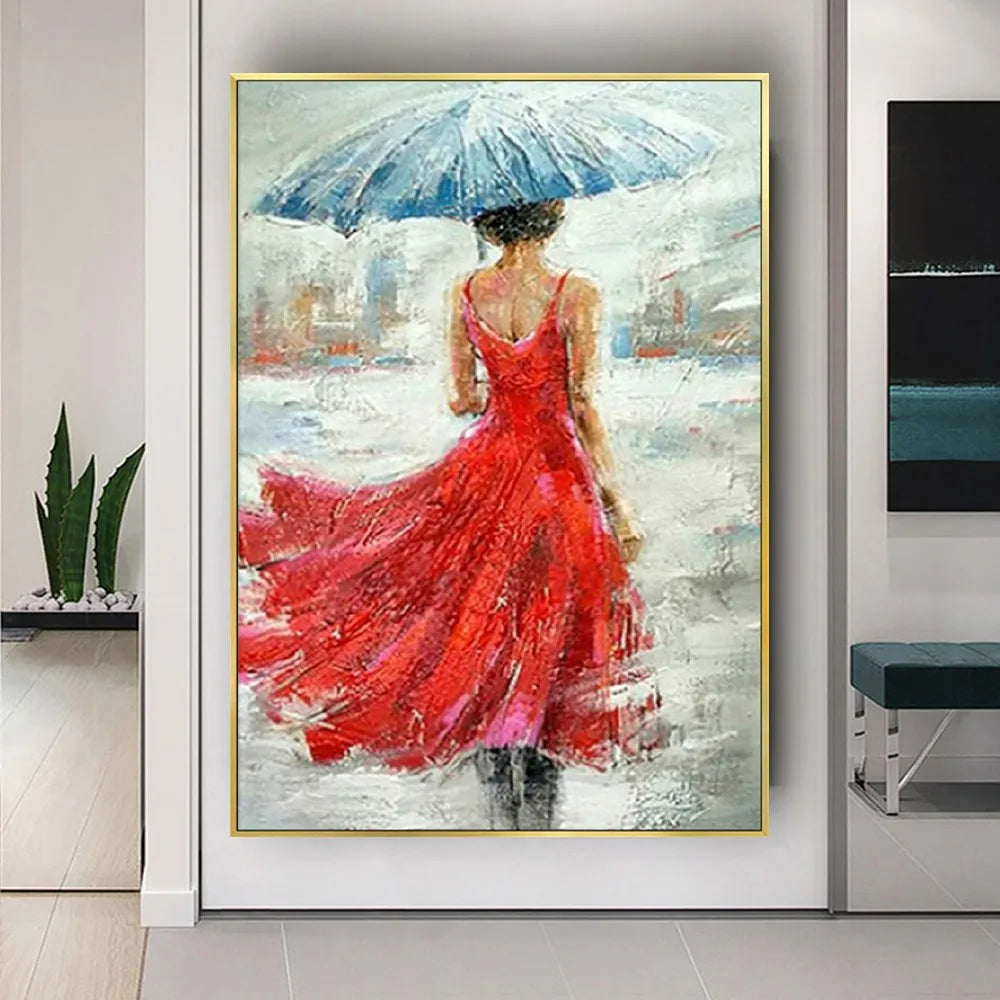 lady in the red dress painting Rainy Elegance – Woman with Umbrella Hand-Painted Figurative Canvas – My Modern Art