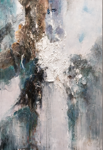 Abstract art with a mix of white, blue, and brown colors